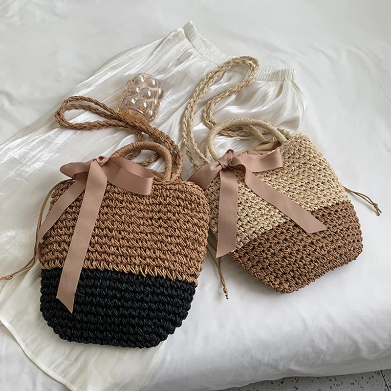 Bow Decors Bucket Shoulder Bags Handmade Straw Hollow out Bag Summer Female Travel Beach Bag Purse Vintage Handbags Bolsa