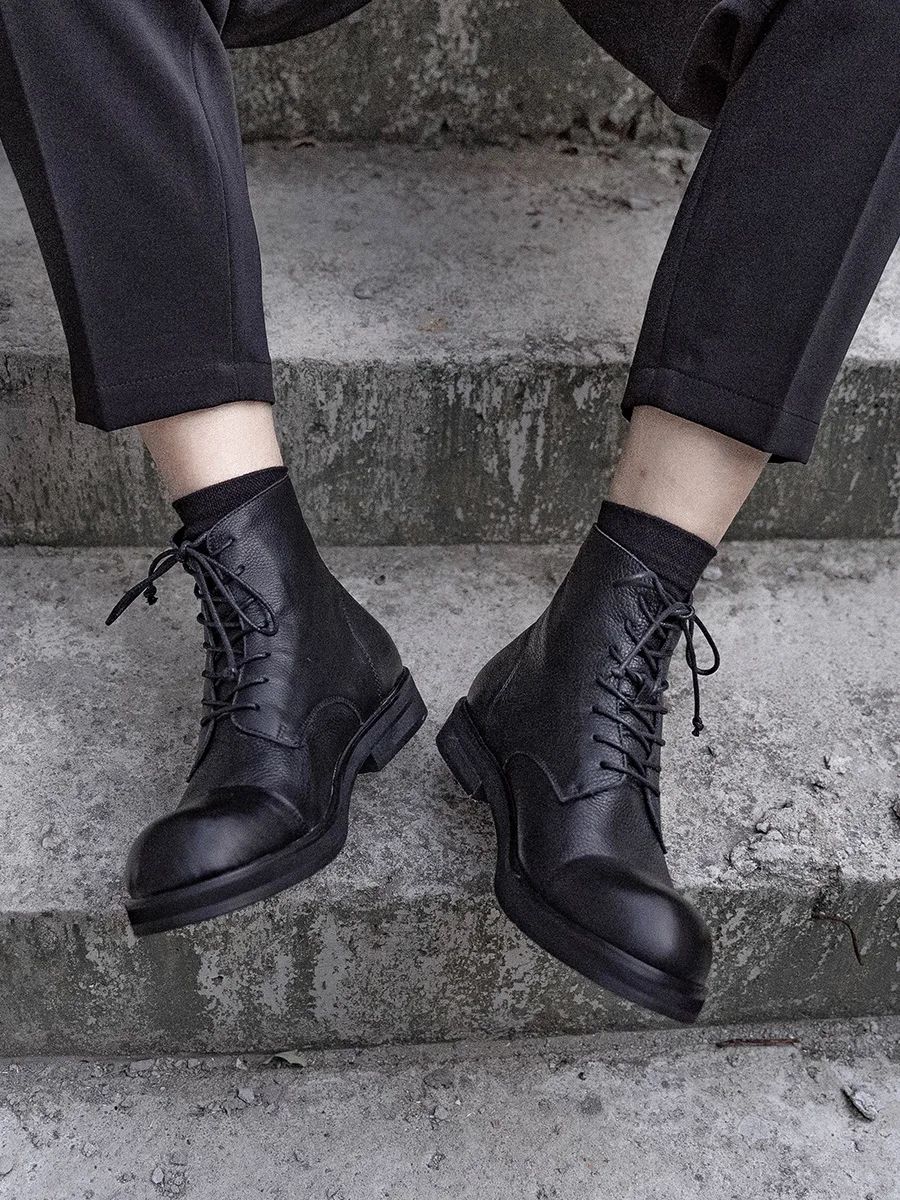 Autumn Winter COW Leather Men's Big Shoes Scalp Shoes Round Head Thick Bottom Soft Leather Retro Shoes Warm Boots Hairdresser
