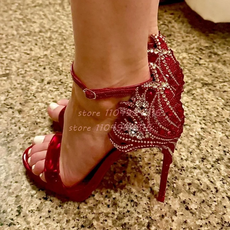 

Red Rhinestone One Strap Stiletto Sandals Women Shiny Crystal Open Toe Ankle Strap High Heel Sexy Luxury Party Wedding Prom Shoe