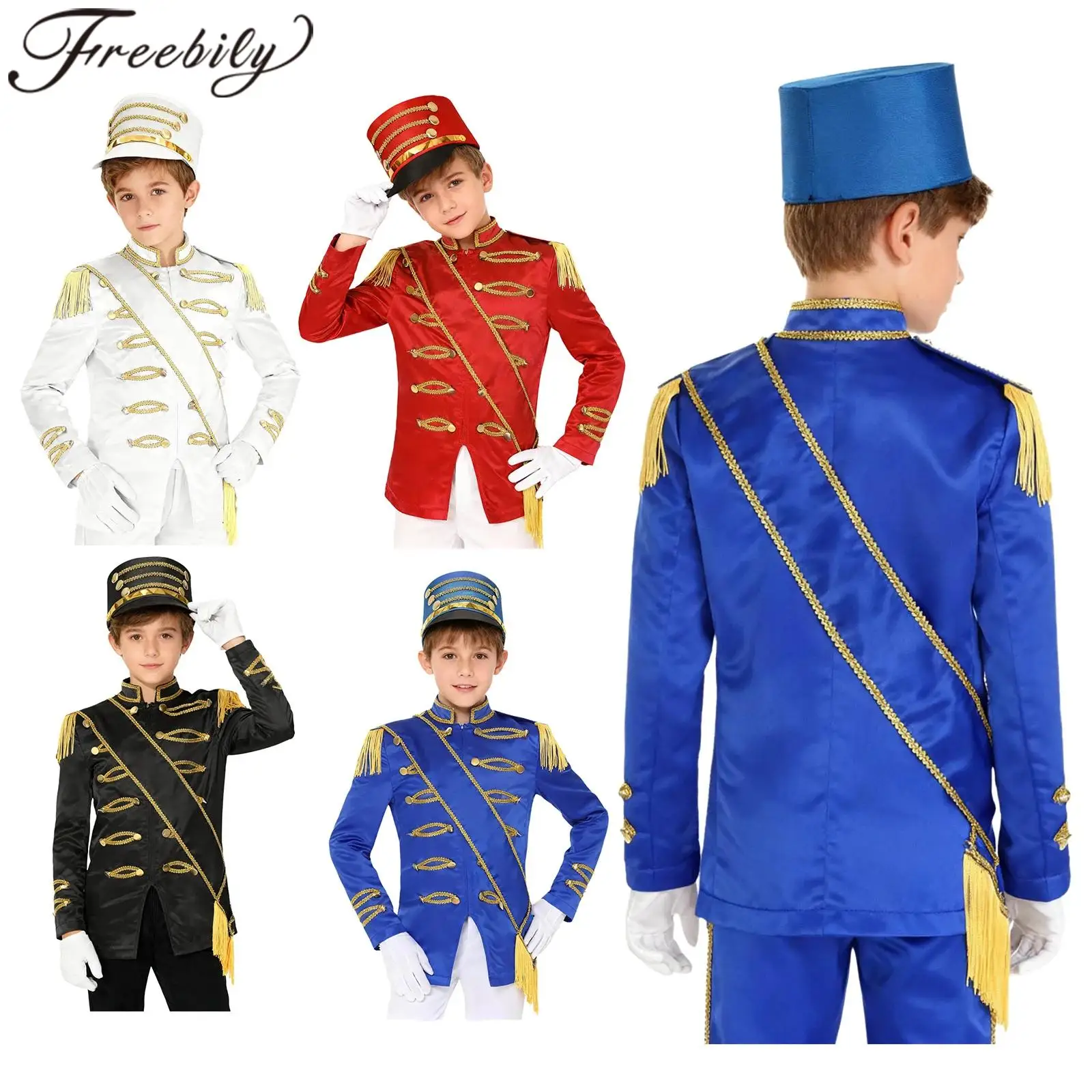 

Boys Honor Guard Cosplay Costume Circus Ringmaster Drummer Marching Band Outfit Drum Band Major Uniform Jacket with Hat Gloves
