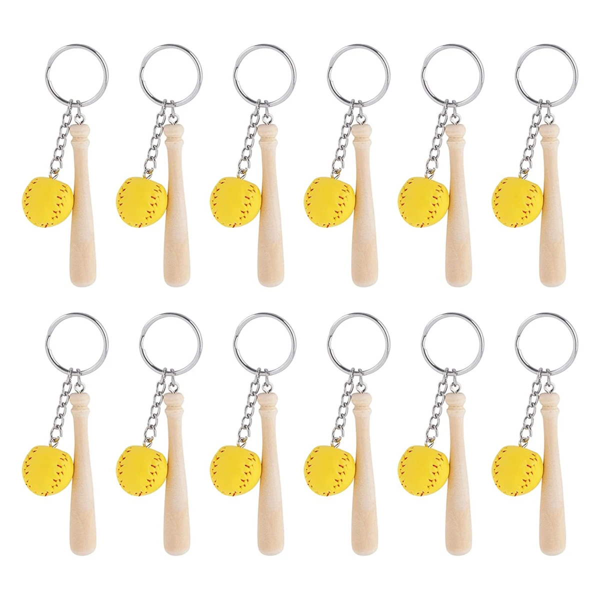 SUNRI-12Pcs Wooden Baseball Bat With For MINI Baseball Softball Keyring For Team Gifts