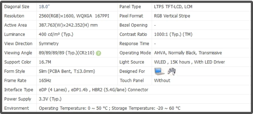 Imagem -02 - Painel Ips sem Toque Slim Display B180qan01.1 Qhd 2560x1600 165hz 180