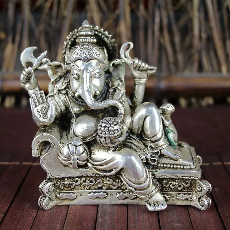 Chinese Old Geomancy Decoration White Cooperized Silver Four Hands Elephant God