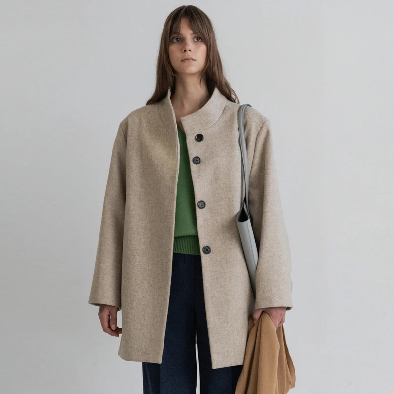 Moondal Damski Wełniany Płaszcz Prosty, Średni Długości, Odzież Wierzchnia, Wiosenna Nowość, Koreański Styl, Dopasowany Krój, Długi Płaszcz