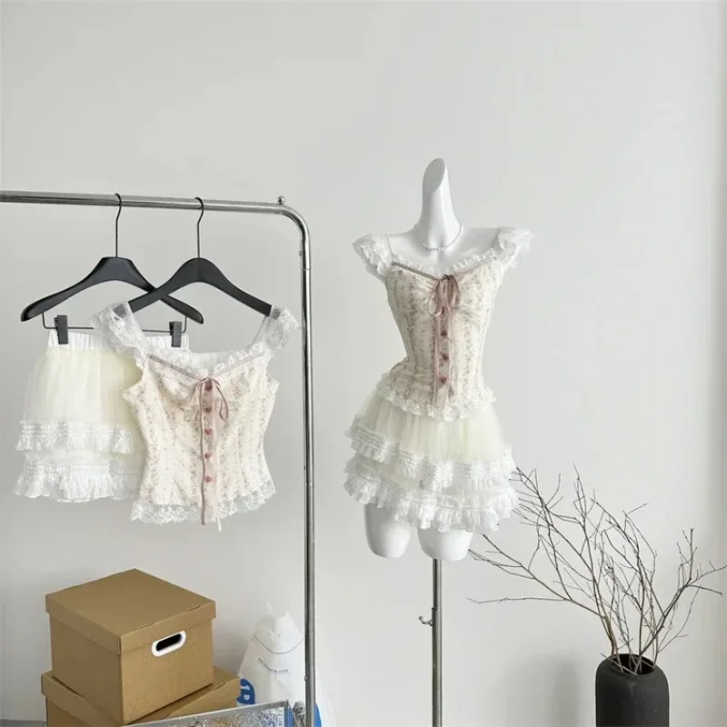 طقم تنورة Y2K ريترو مكون من قطعتين للنساء - توب قصير كاواي عتيق من القرن الحادي والعشرين + تنورة رفيعة عالية الخصر، أزياء الشارع اليابانية، الحفلات