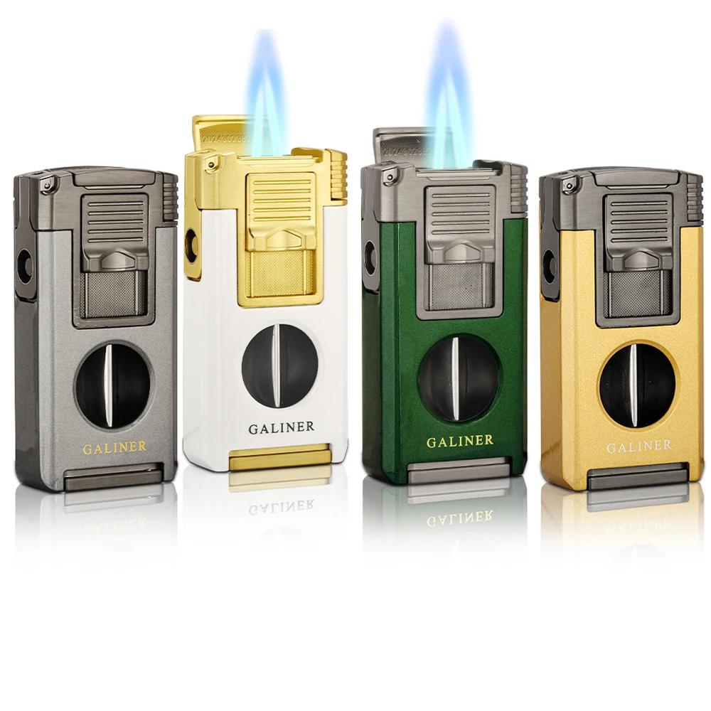 

GALINER V Cut Cigar Lighter Torch Metal 3 Flame Jet Butane Gas Lighters Refillable Support Holder Cigar Punch Cutter Needles