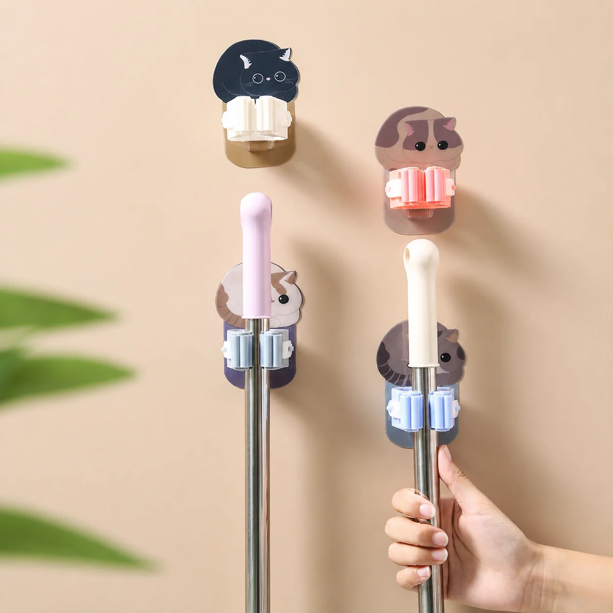 Self Adhesive Mop Holder Strong Adhesive Broom Clip Cartoon Shaped Hook Multi Purpose Wall Mounted Broom Holder For Kitchen