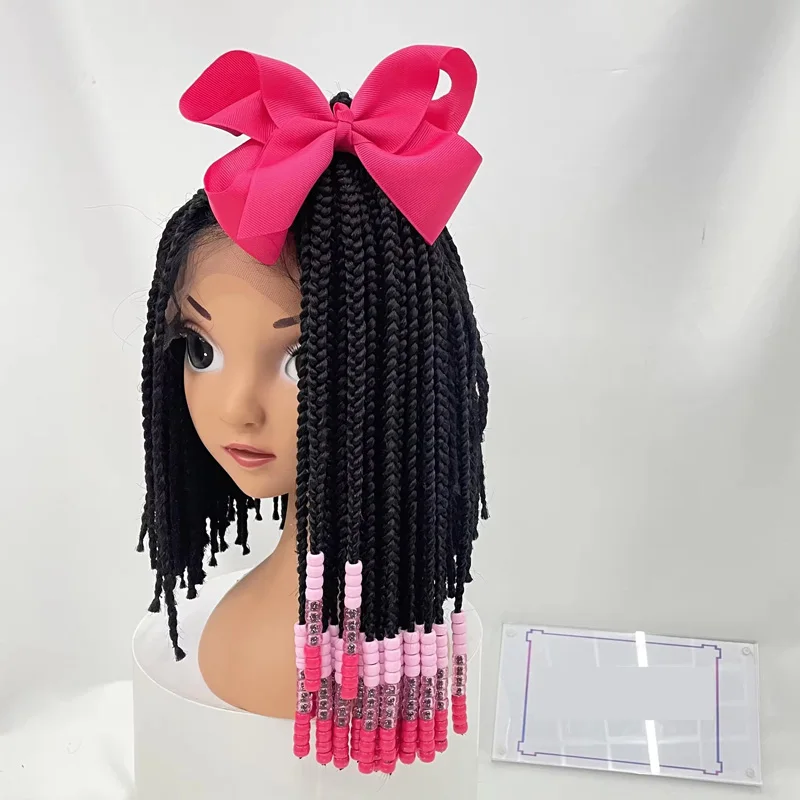 hair 22strands volume up 14inch long kids braided ponytail with beads and bow Tie Customized