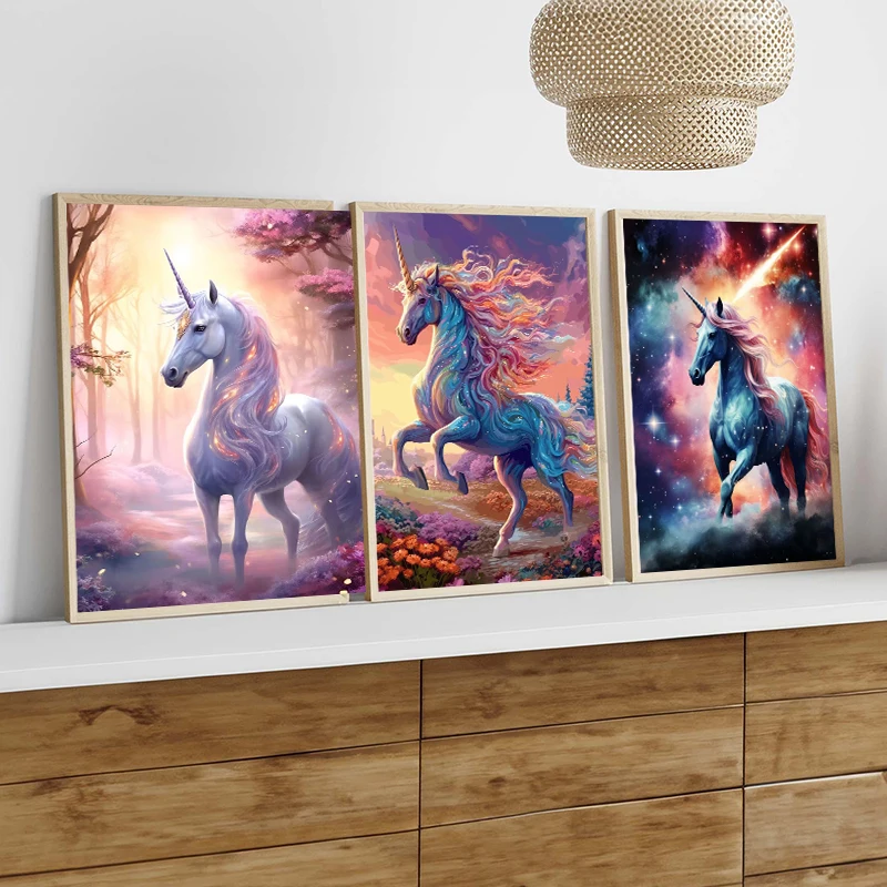 Beautiful Pink Magic Unicorn Colorful Pegasus Abstract Poster Canvas Paintings Wall Art Pictures Home Decor