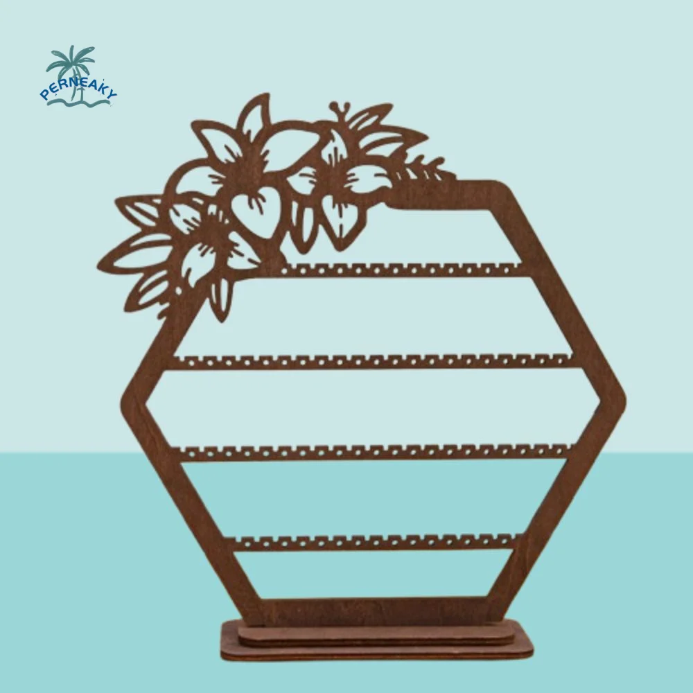 

Vintage Wooden Earring Holder Hollowed Out Flower Anti-slip Earring Clip Display Rack Space Saving Tabletop Organizer Rack