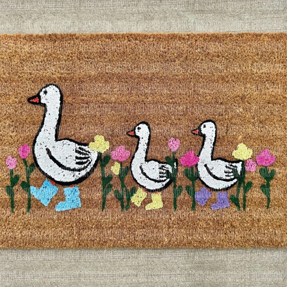 

Spring Flower Goose Welcome Mat Entryway Cute Farmhouse Decor Vibrant Colorful Garden Natural Non Slip Coir Rug Outdoor