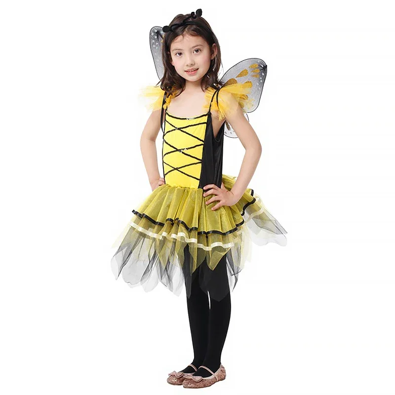 4 Piece Sets Bee Cosplay Costumes Yellow Red Wings Tutu Skirts Headwear Bag for Baby Girls Cute Fancy Dress