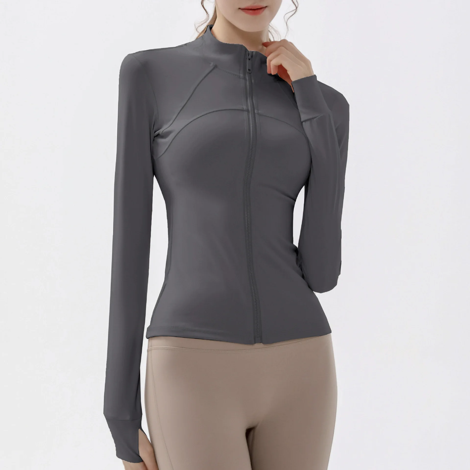 High-Neck Quick-Dry Yoga Top Long-Sleeve Stand-Up Collar Slimming Figure-Flattering Non-Slip Zipper Fitness Jacket Women Gym