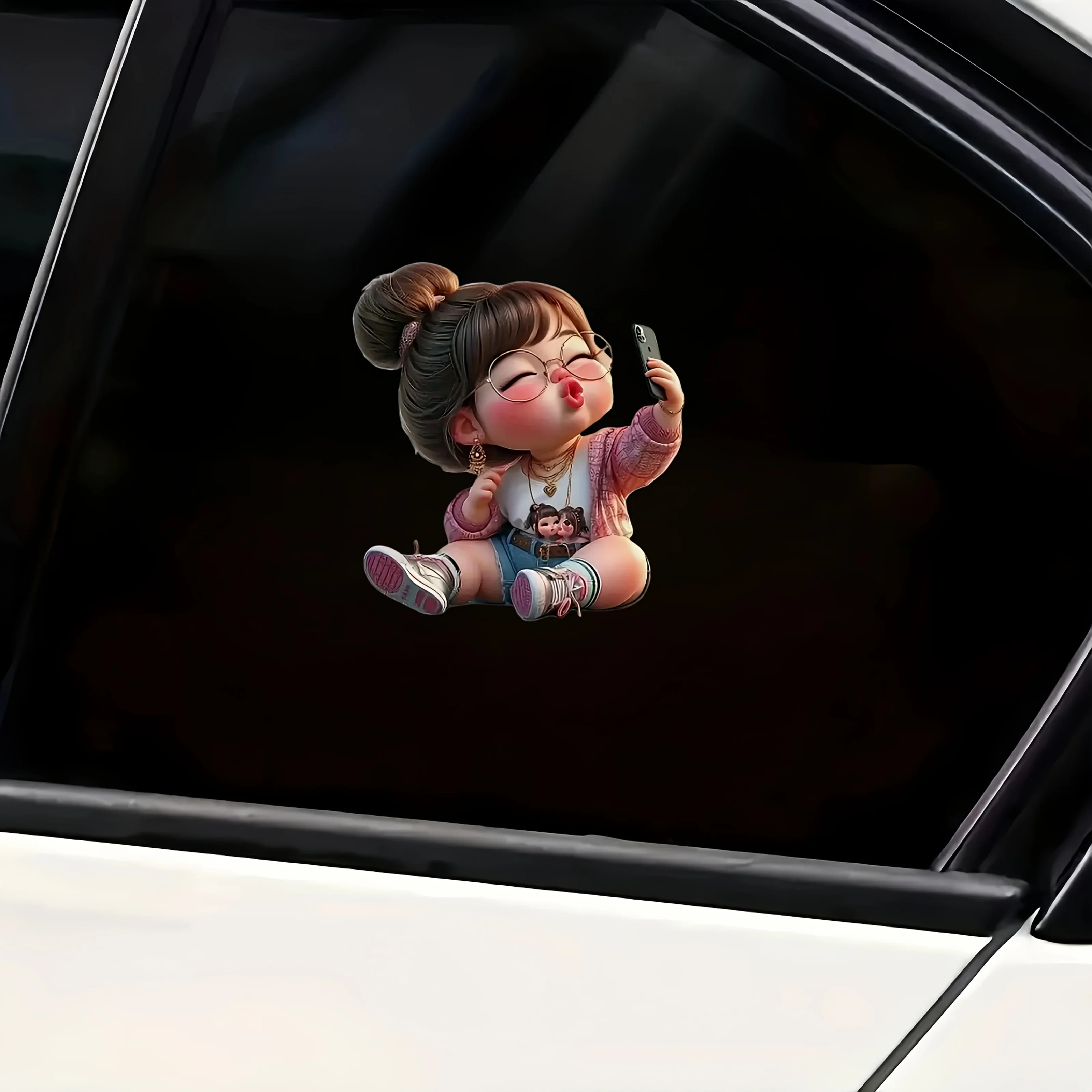 1Pc Bun Hairstyle Girl With Glasses Taking Selfie Waterproof Vinyl Sticker, Decor Decal for Car Helmet Laptop Water Bottle Wall