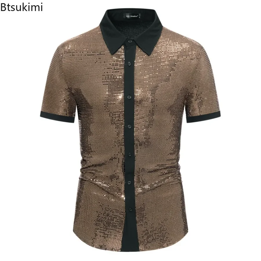 2026 Men's Short Sleeve Stage Performance Clothes Sequin Lapel Shirts 70s Disco Party Nightclub Wear Fashion Harajuku Streetwear