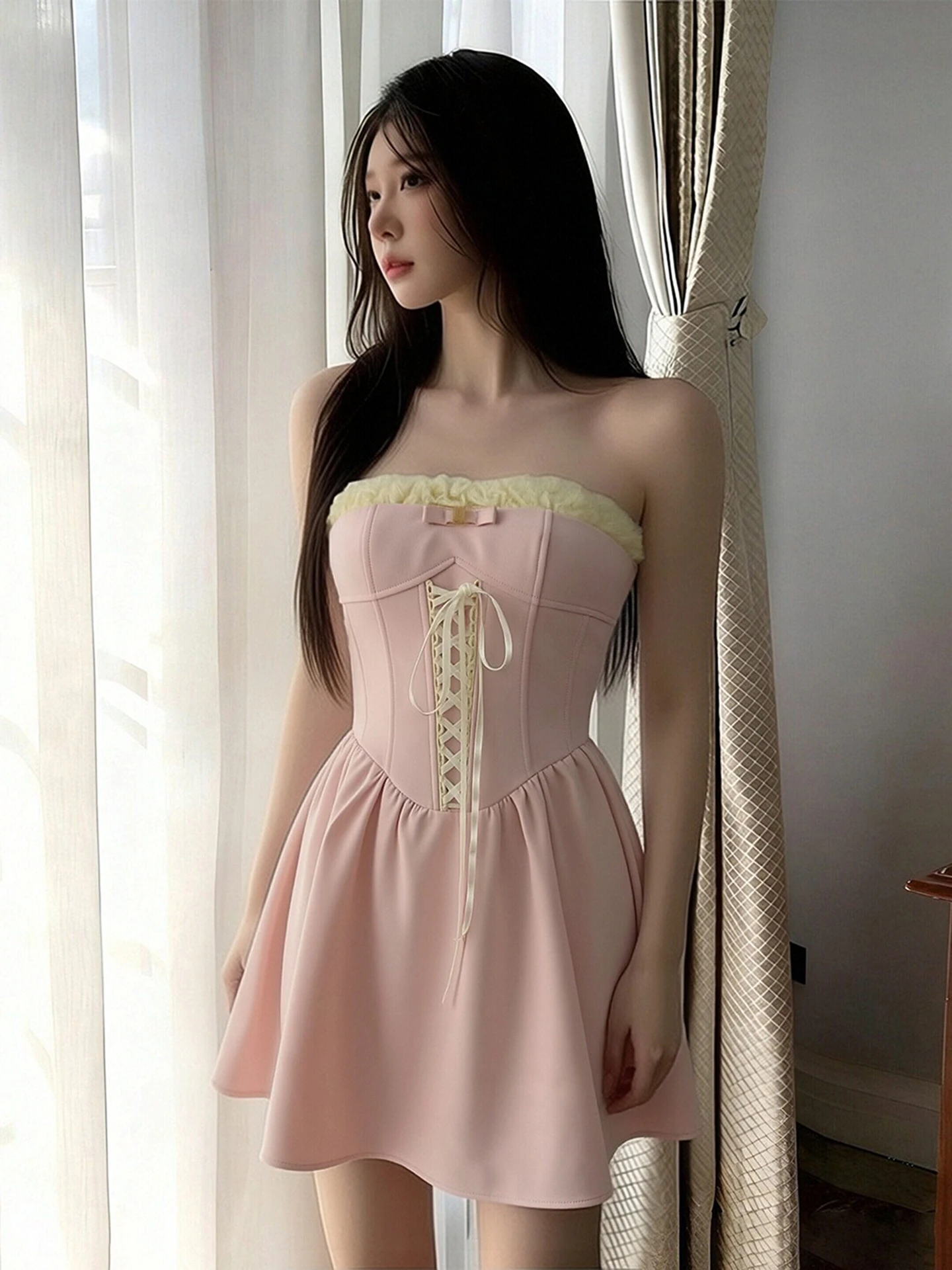 

Allure Sweet Girl Gentle Style Pink Dress Slim Fit High Waist Banded Waist Short A-Line Skirt Spring New Women's Dress