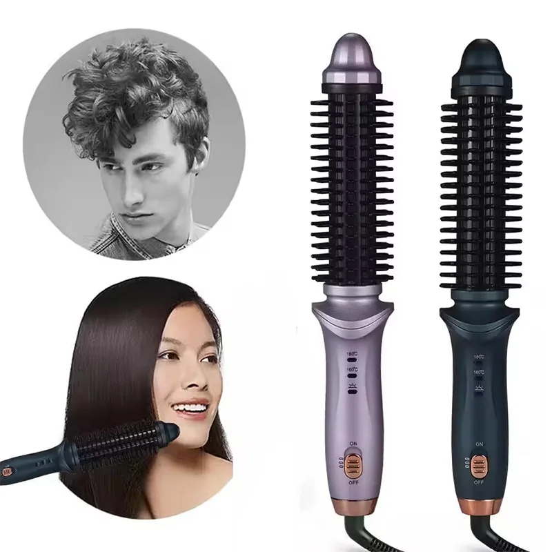 

2-in-1 ceramic curling iron and straightening comb electric perm with metal handle and nylon brush for styling design