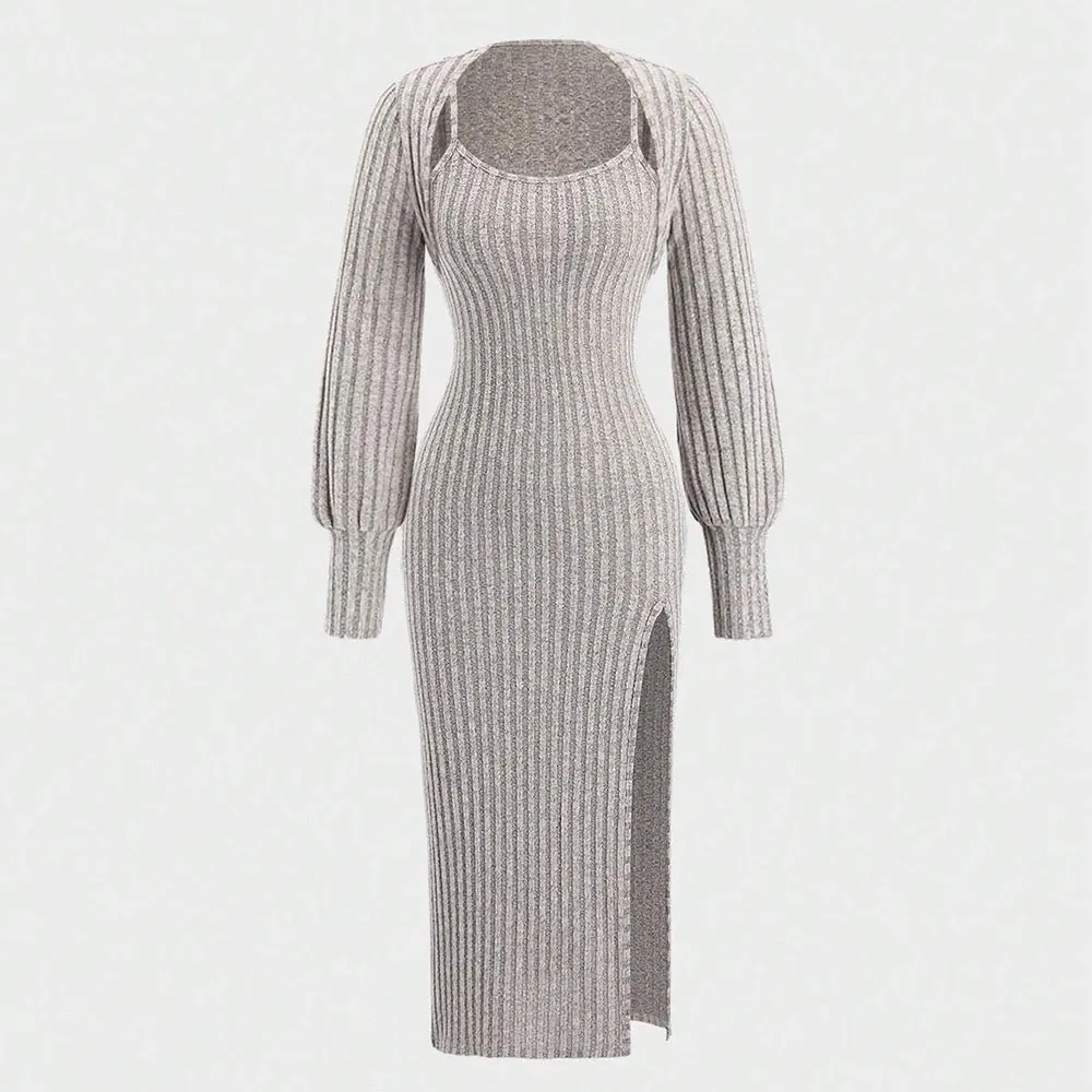 

Mia Muse Boutique Осенние комплекты 2025 Женский повседневный базовый однотонный кардиган с длинными рукавами в рубчик Трикотажные платья миди с боковым разрезом Базовые комплекты