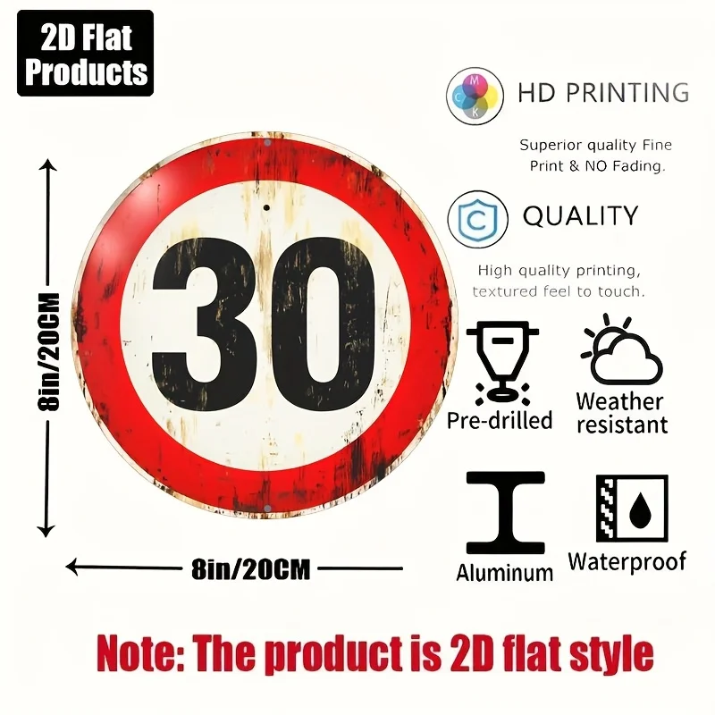 2D Flat, 1pc Vintage Speed Limit 30 Round Aluminum Metal Sign - Rustic Wall Decor for Home, Bar, Cafe, Office - 20.32cm x 20.32c
