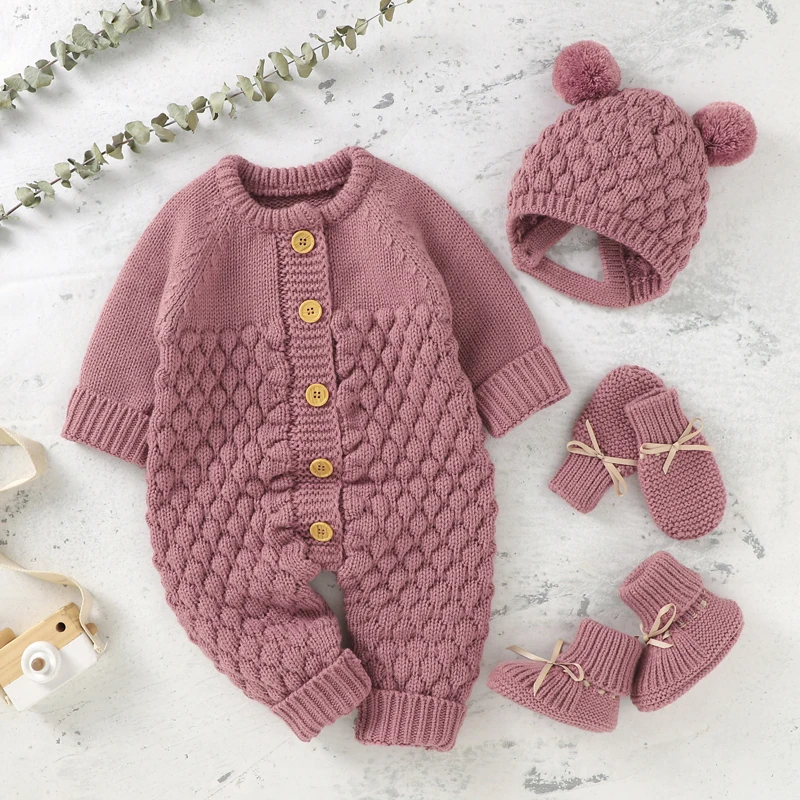 Winter Newborn Baby Rompers Long Sleeve Knit Infant Boys Girls Solid Jumpsuits Playsuits Hats Outfits Sets Toddler Clothes 0-18m