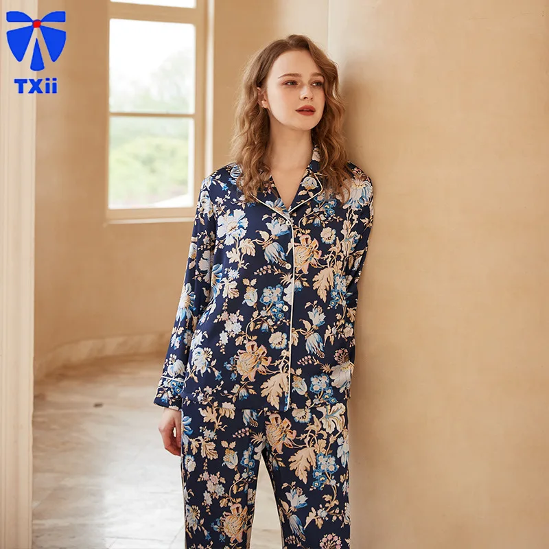 

【 Blue begonia flower】comfortable Ice Silk Pajamas Women High-end Sense ins Style Lapel Spring/Summer Long Sleeve Home Suit 13