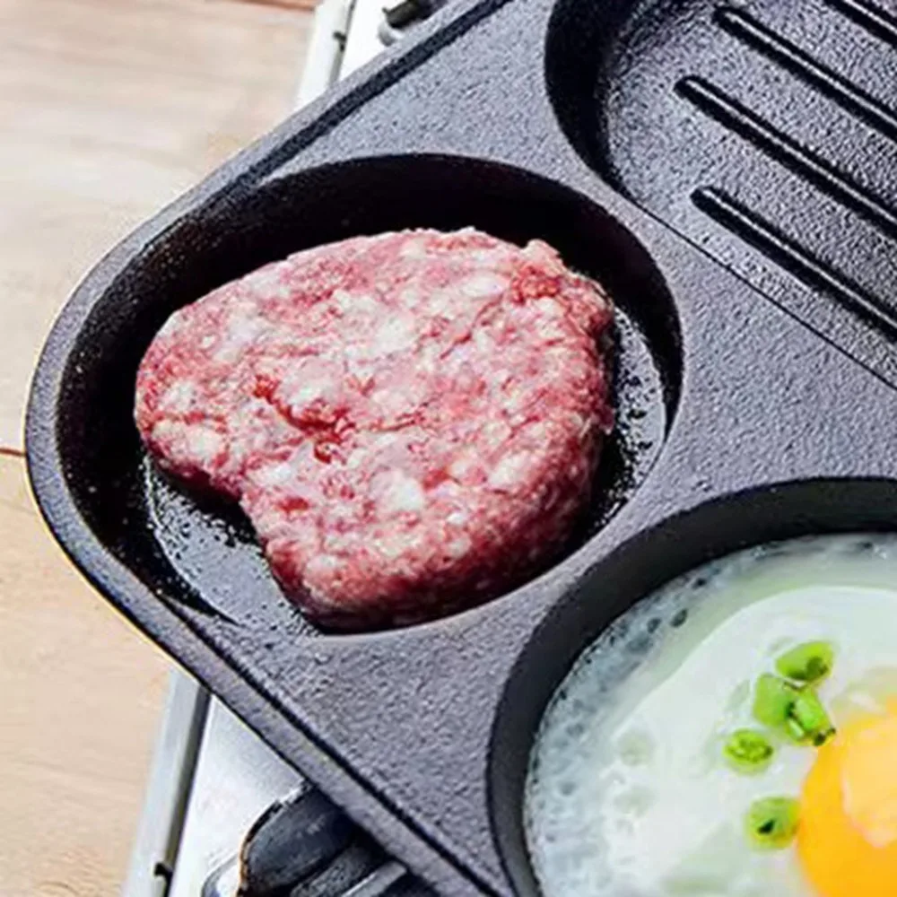 3 Section Square Grill Pan Cast Iron Wood Handle Divided Egg Frying Pan Nonstick Easy Clean Breakfast Skillet Stove Tops