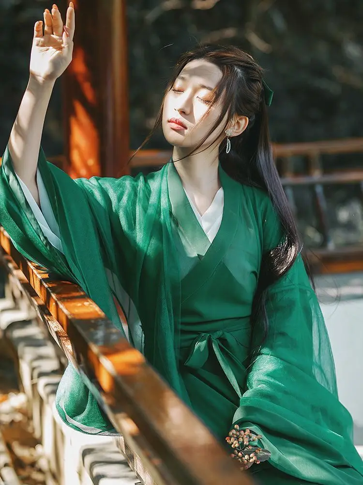 Hanfu-vestido tradicional chino para mujer, traje de Cosplay de carnaval, vestido verde antiguo, conjuntos de 3 piezas, talla grande XL