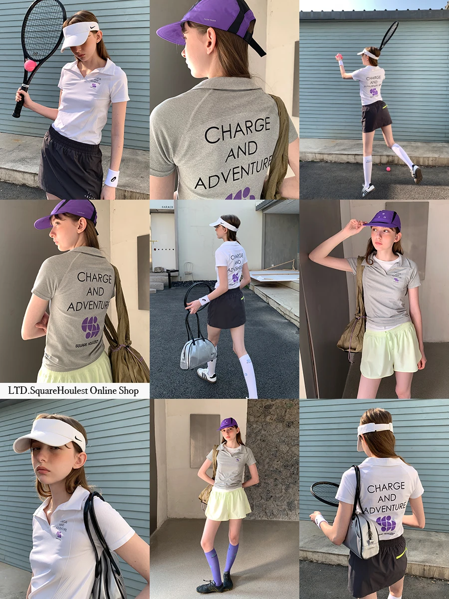 Square Houlest Tennis  Shirt Fitness Sporty Short Sleeve T-Shirt Shoulder Flip Collar Versatile Commuting Women's Top