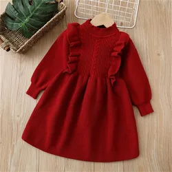 Kids Toddler Infant Baby Girls Long Sleeve Patchwork Solid Sweater Princess Dress Outfits Girls Dresses Cold Shoulder