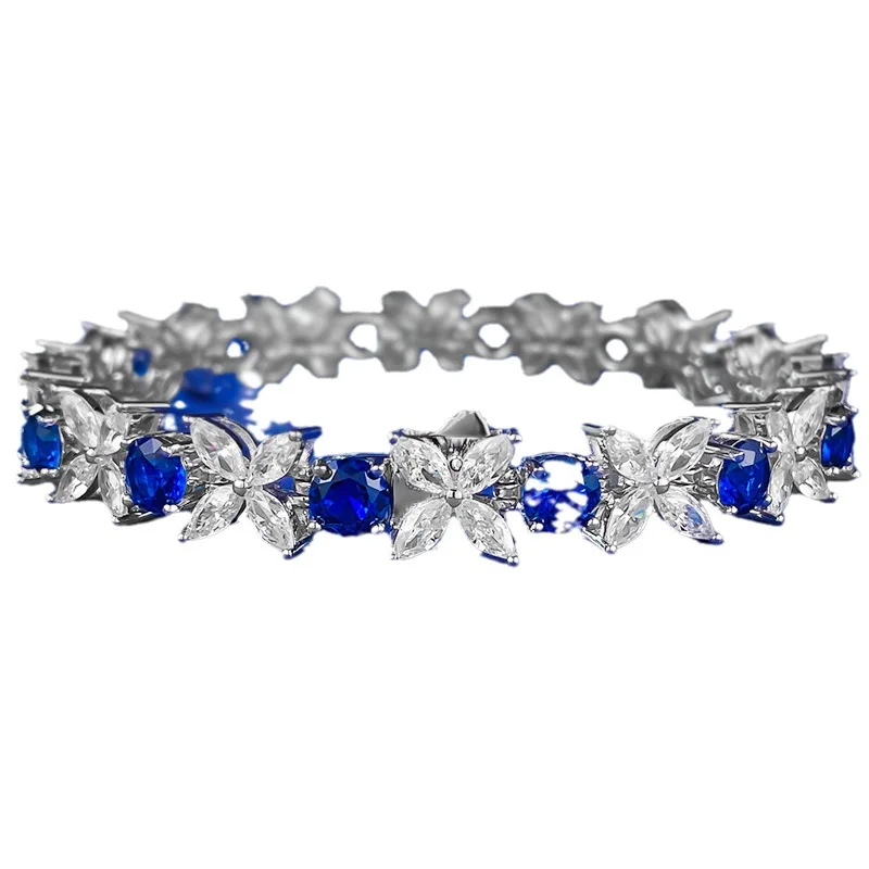 

Spring Qiaoer 925 Sterling Silver Flower Sapphire Gemstone Sparkling Bracelet for Women Wedding Party Jewelry Gifts Anniversary