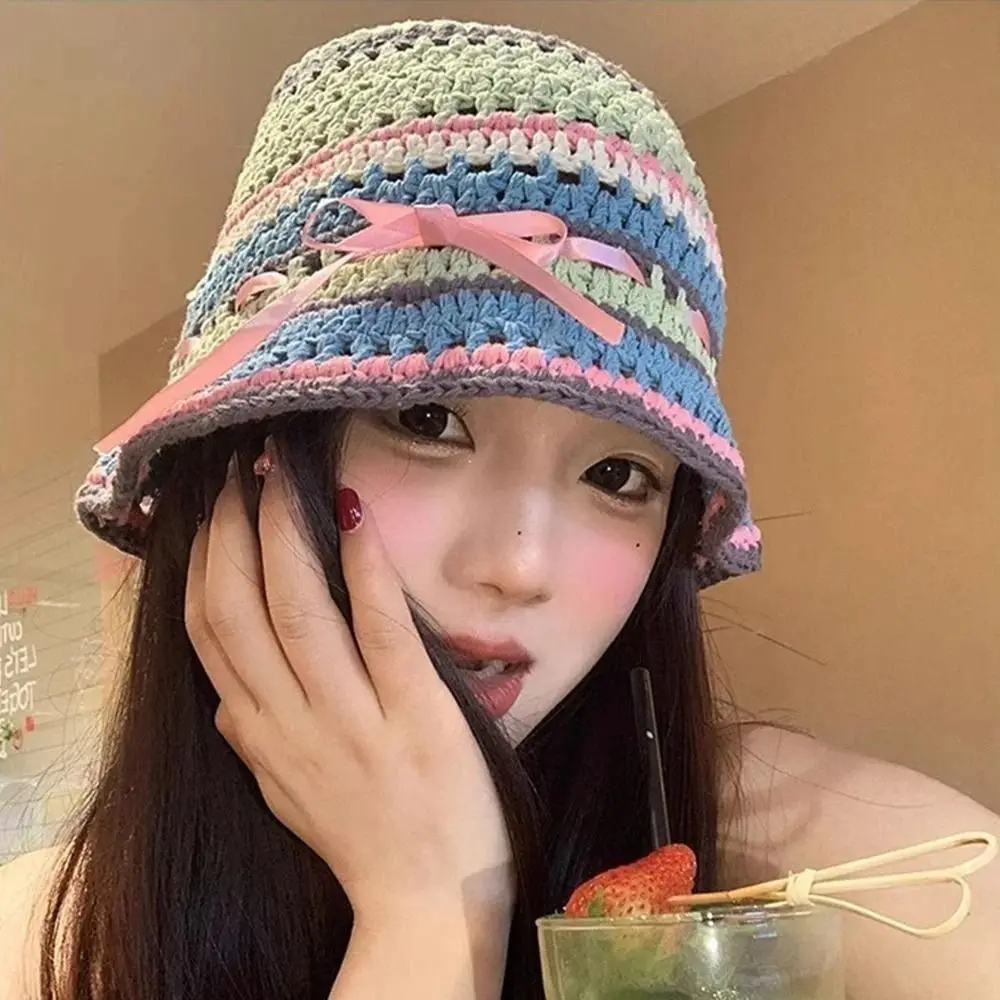 

Fashion Hollow Knitted Bucket Hat Bow Handmade Weave Basin Cap Breathable Korean Sun Hat Outdoor
