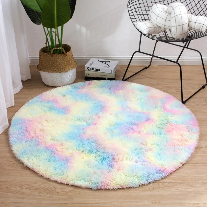 1pc Circle Round Shaggy Rug Tie Dye Soft Living Room Bedroom Carpet Floor Mat Anti-Skid 40CM Modern Style Home Decoration