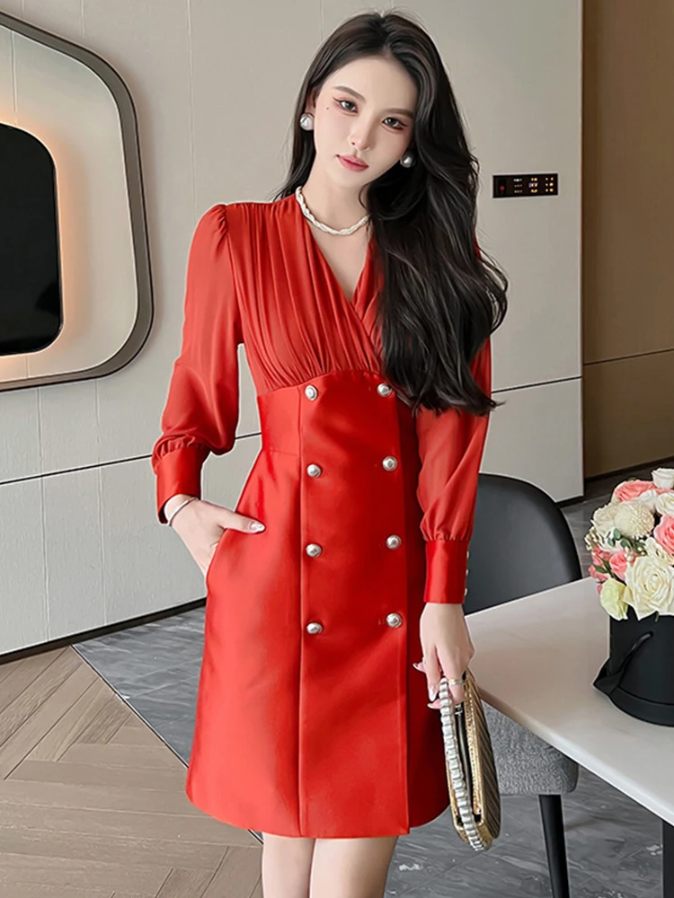 春秋のエレガントな女性のイブニングドレス高品質サテン気質フォーマルシックな V ネックスリムミニパーティープロム Mujer Vestidos