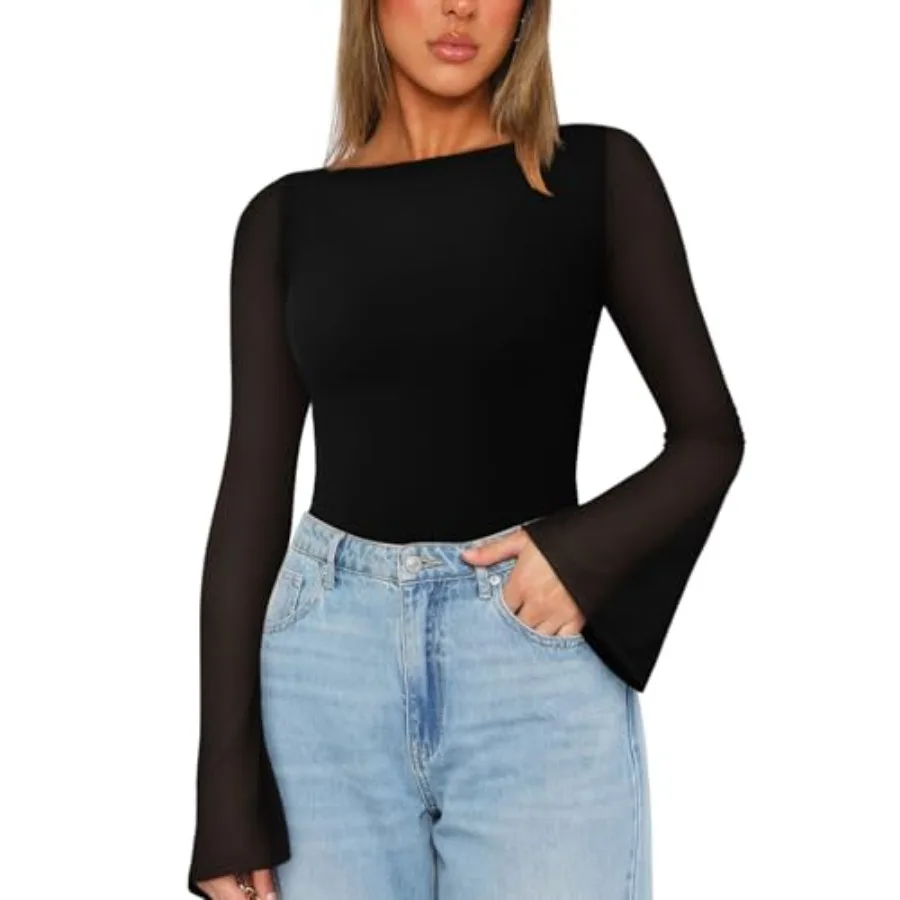

REORIA Women's Trendy Sexy Boat Neck Bell Sleeve Sheer Mesh Going Out Bodysuit Tops