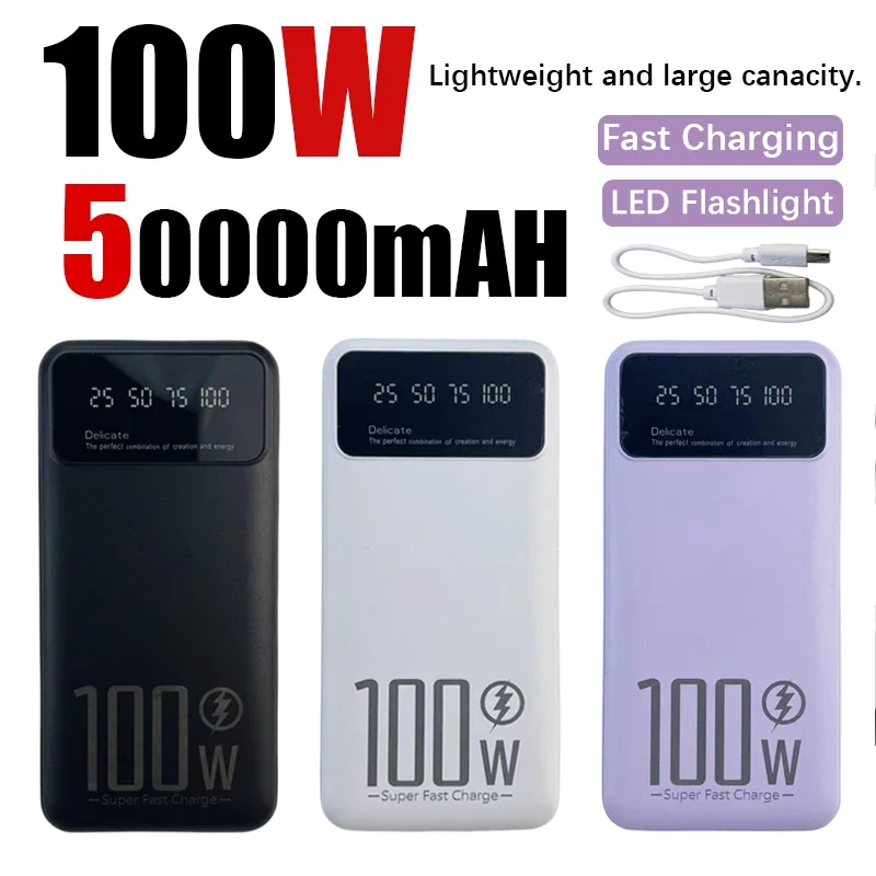 

50000mah 100W power bank charger with external batteries, 2 USB Led lighting, portable, suitable for Huawei, Xiaomi, Samsung pow