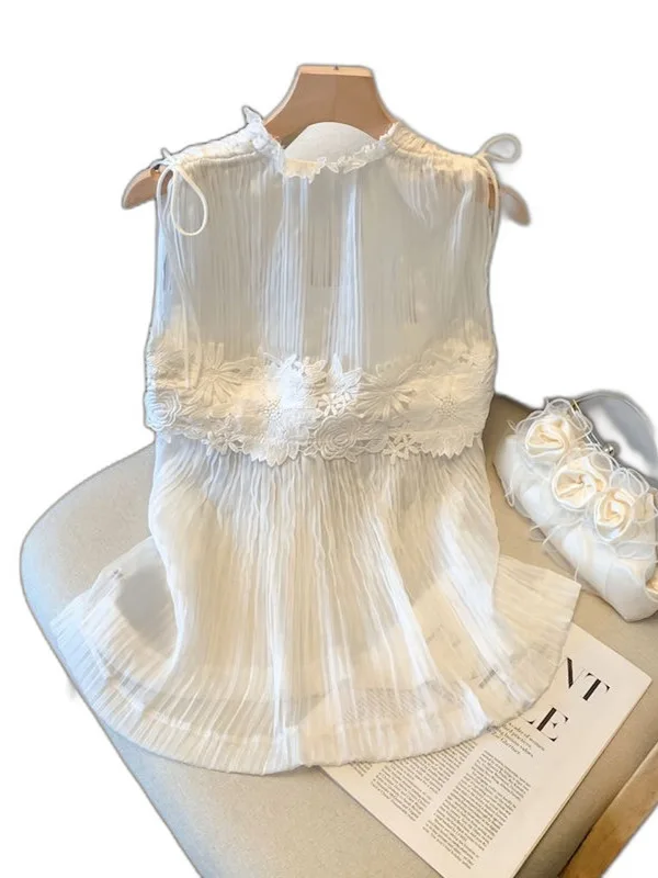 

Heavy Embroidery Flower V-Ne Vest Women Summer Design Pred Pleat Chiffon Top Svel Skirt Hem Small Top