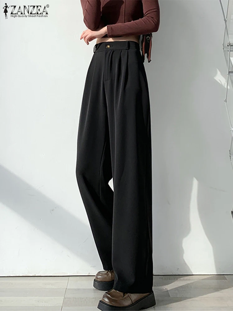 

Stylish Women Long Pants Elegant High Waist Solid Baggy Pantalon ZANZEA Summer Office Work Trousers Female Casual Loose Palazzo