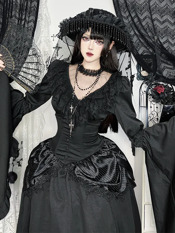 تنورة قصيرة واسعة بخصر مرتفع على الطراز القوطي مع بلوزة لوليتا، طقم من قطعتين، زي هالوين، ملابس نسائية عصرية غير رسمية