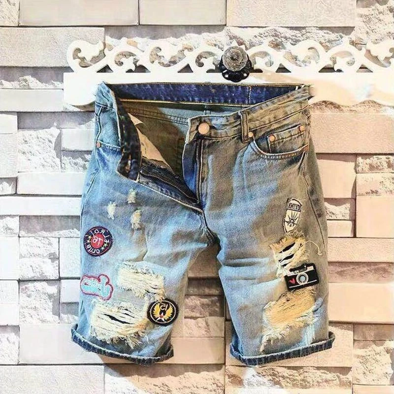 Short Jeans Pants for Men Long Straight Half Man Denim Shorts Bermuda Patches Cowboy Designer Jorts Streetwear New in Buttons Xl