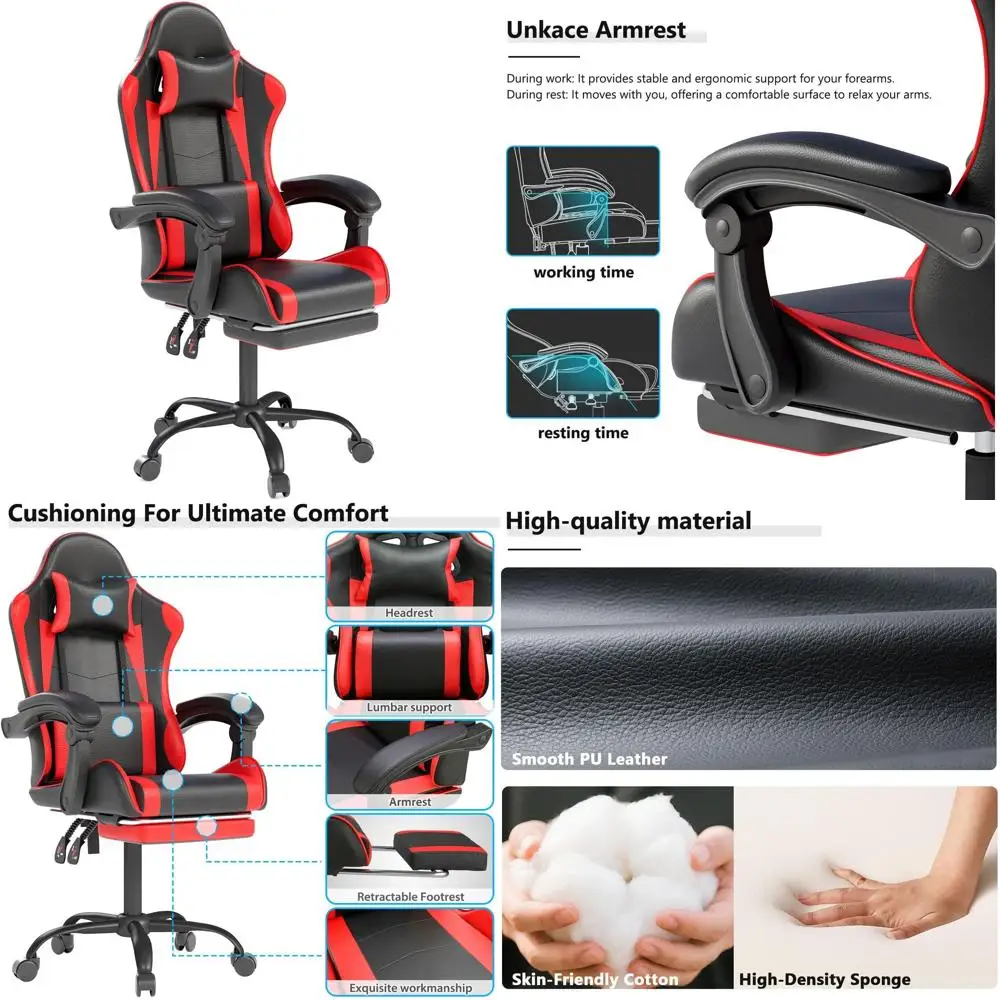 

Эргономичное кожаное кресло в гоночном стиле с подголовником, поясничной опорой и функцией вращения для домашнего офиса (красно-черное)