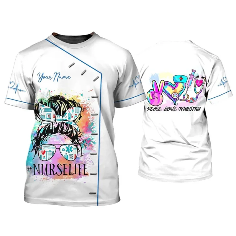 Freshness Nurse Uniform Customed 3D Nursing Tools Printed O-neck Short Sleeves Cosplay Tops Nurse Doctors Casual Work Clothing