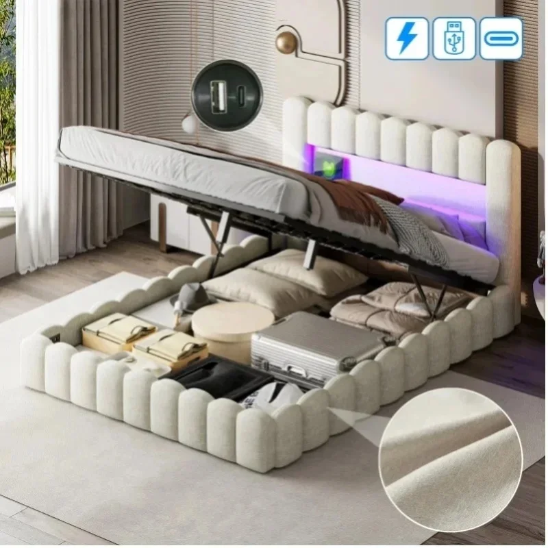 ROSAHQNDA Polsterbett, 140/160/180 x 200 cm, hydraulisches Stauraumbett, modernes Doppelbett mit USB und LED-Beleuchtung, ohne Matratze (Versand in 2 Paketen)