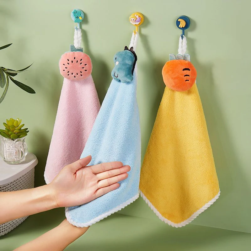 1PC Hand Towel Cute Children Hand Towel Dry Handkerchief Absorbent Kitchen Wiper Cloth Coral Fleece Towel With Hanging Loop