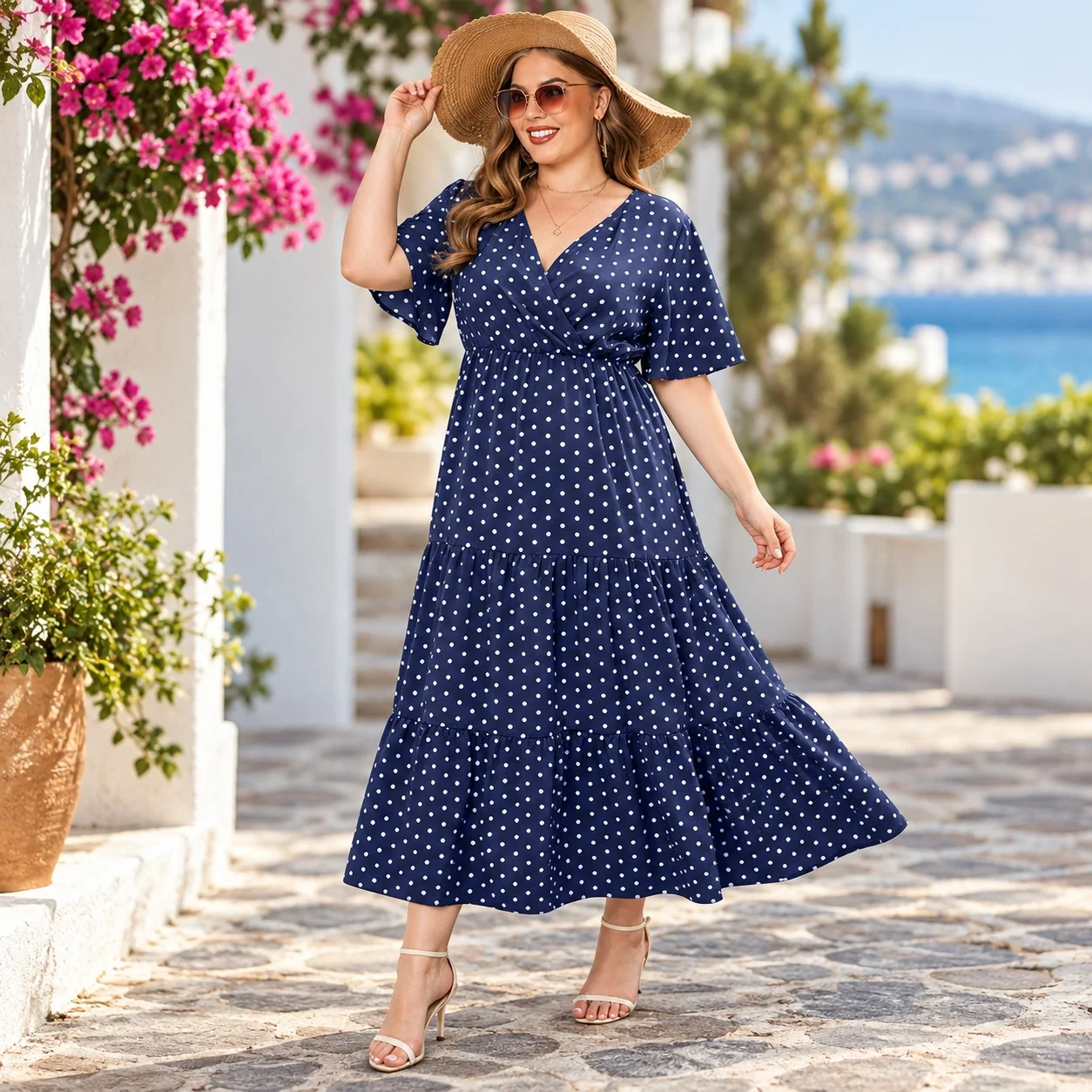 V Neck Polka Dot Dress Midi Length Refined Commuter with Short Flutter Sleeve Elegant and Refined Geometric Pattern Women Dress