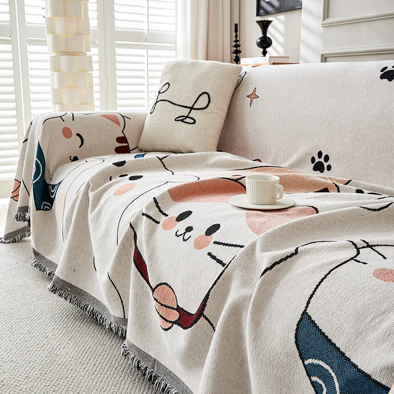 Cartoon Printed Sofa Towel with Tassels Cute Dust-Proof Sofa Cushion for Four Seasons Multifunctional Skin-Friendly Knee Blanket
