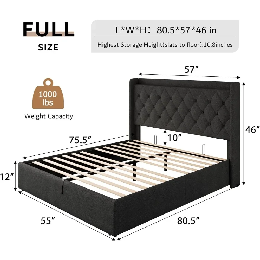 Full Size Bed Frame, with Charging Station, Tufted Headboard, Hydraulic Storage, Upholstered Platform Lift Up Storage Bed Frame