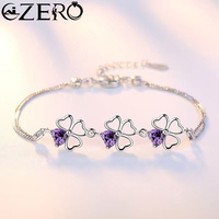 NEW Fine 925 Sterling Silver Purple Crystal Lucky Clover Bracelets for Women Fashion Party Wedding Accessories Jewelry 17CM+4CM