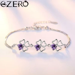 NEW Fine 925 Sterling Silver Purple Crystal Lucky Clover Bracelets for Women Fashion Party Wedding Accessories Jewelry 17CM+4CM