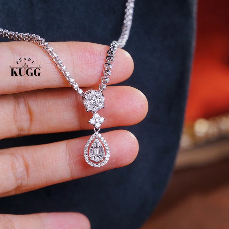 KUGG 18K White Gold Necklace Luxury 3.0carat Real Natural Diamond Necklace for Women Elegant Water Drop Design Wedding Jewelry