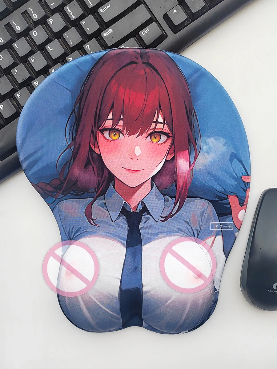 

sexy anime mouse pad girl Nude 3d Nipples with sillicone pad non-slip Chainsaw Man Makima with wrist rest boobs custom red hair